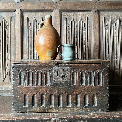 A Late 16th Century  Carved Oak Bible Box with Gothic Nulling to Front and 