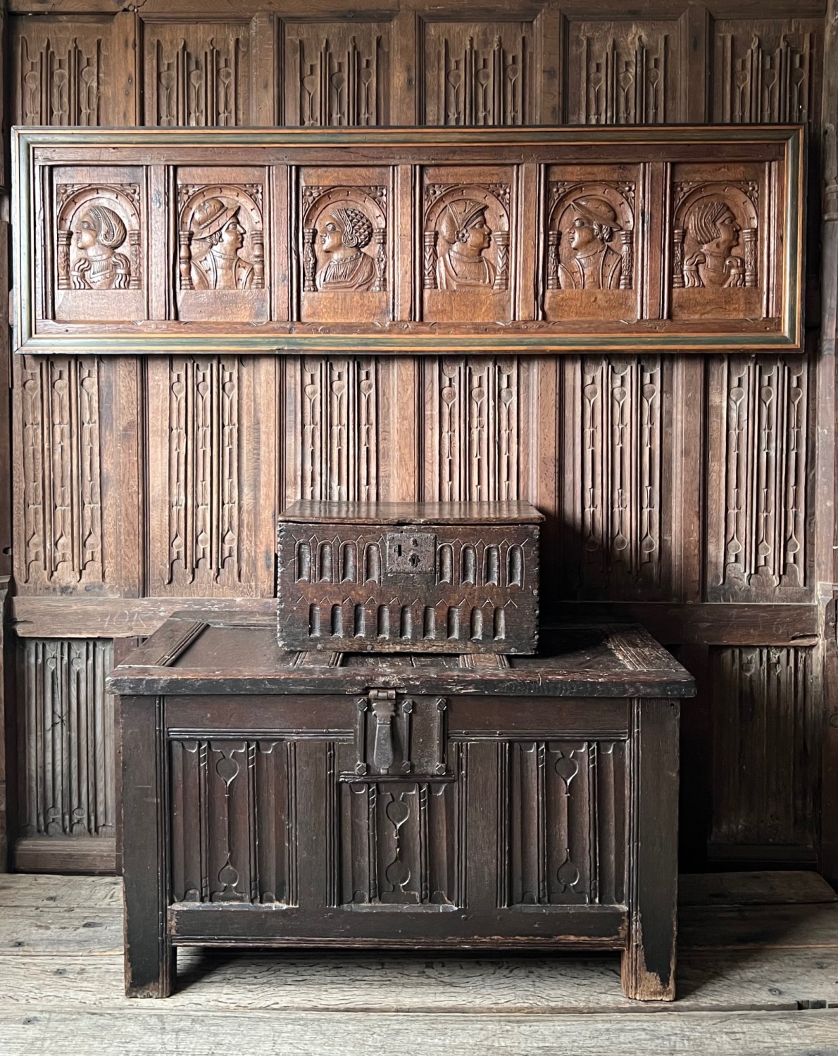 set of six 16th century carved oak portrait panels