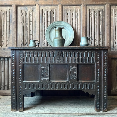 A James I Carved Oak Chest Of Small Size Initialled R G.