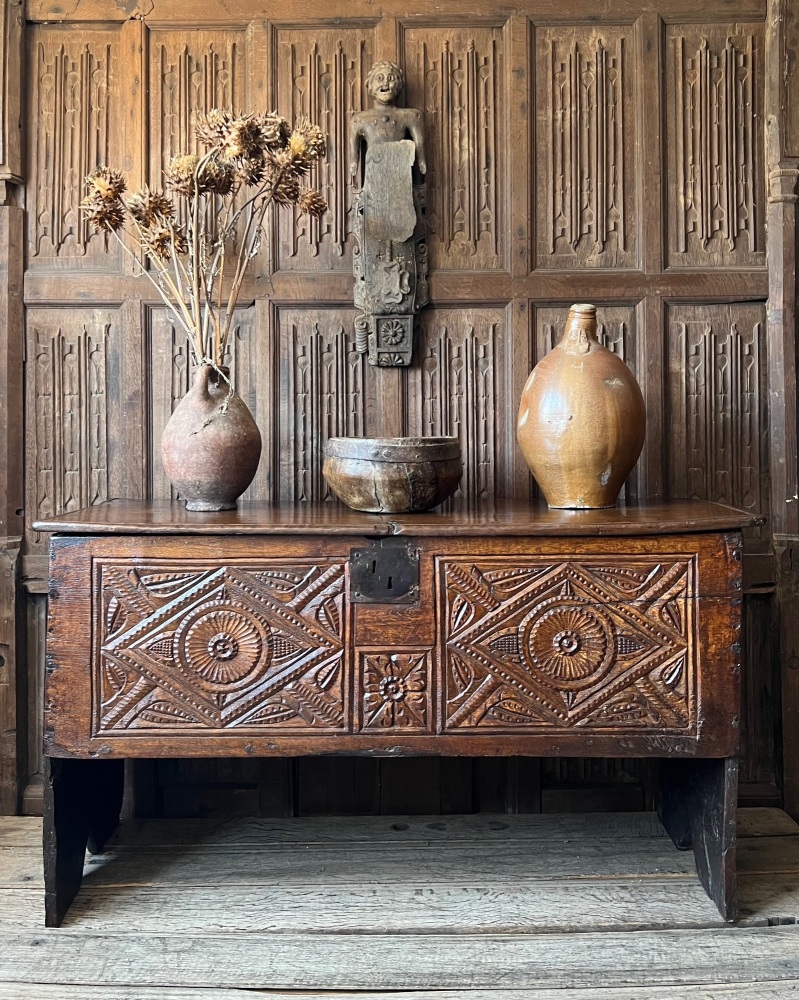 A Rare English Henry VIII Oak Boarded Chest.