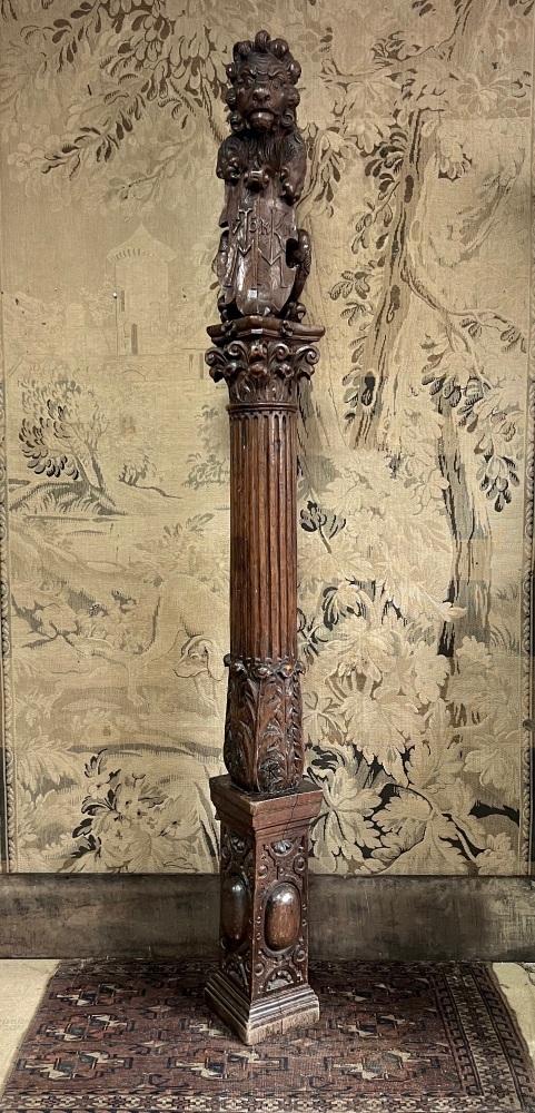 A Rare and Important Elizabethan Carved Oak Lion Newel Stair Column.