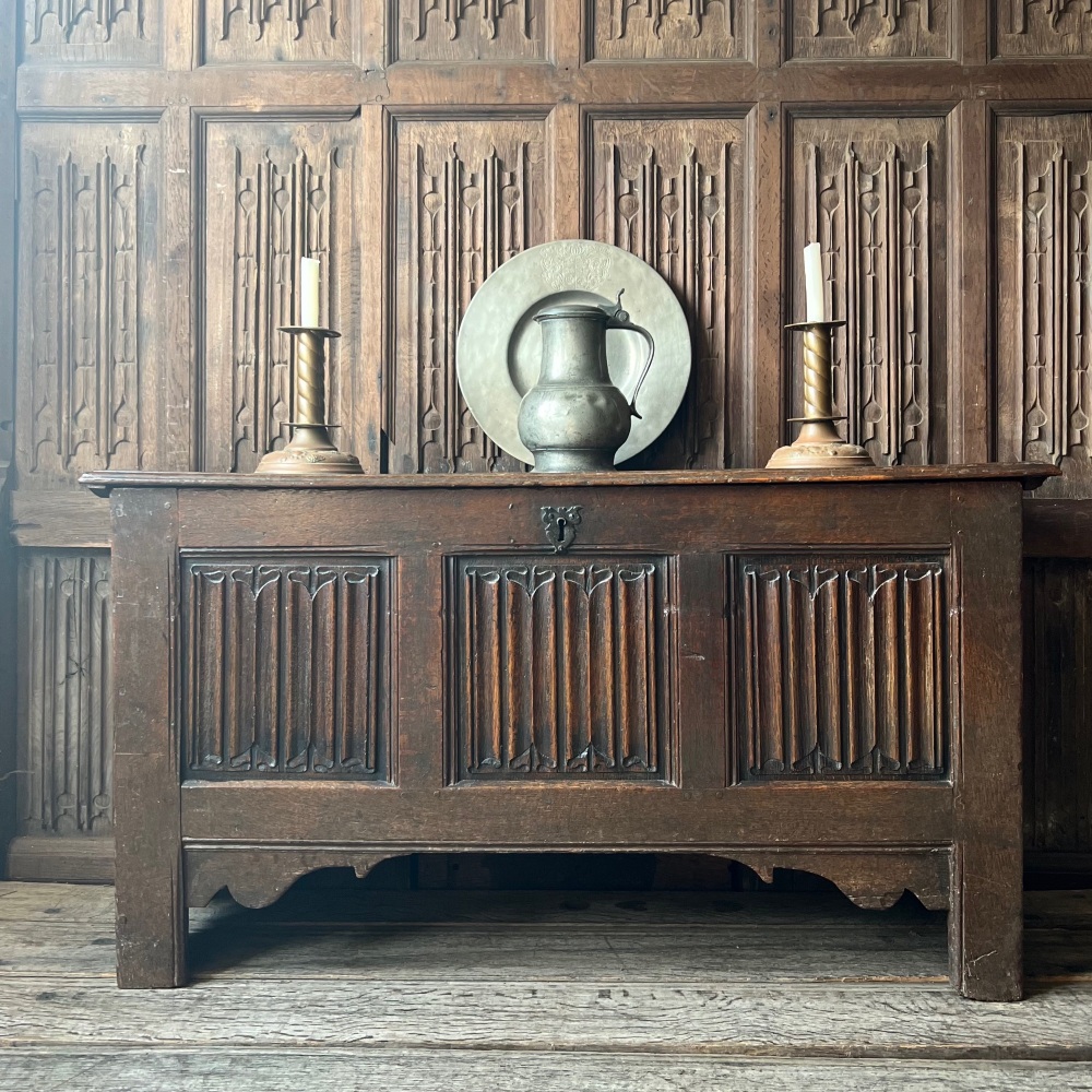 A Henry VIII Carved Oak Linenfold Chest .SOLD ðŸ”´