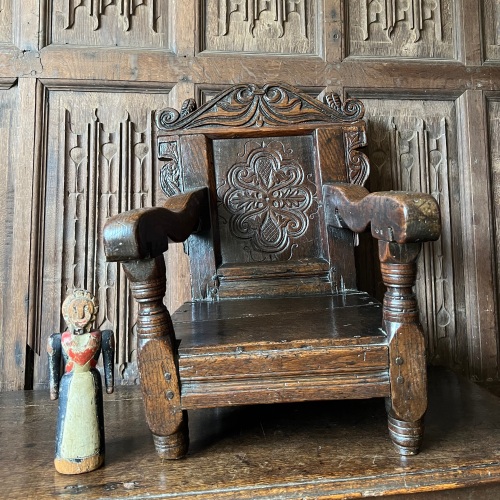 A Rare Charles II Joined Oak Panel-Backed Child's Open Arm Chair / High Cha