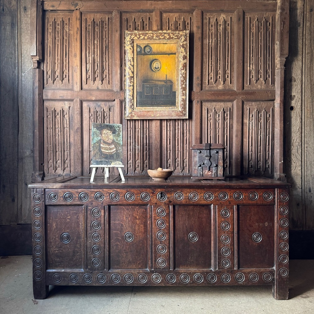 A 17th Century Welsh Oak Coffer Of Joined Construction Monmouthshire Region With Bullseye Design.