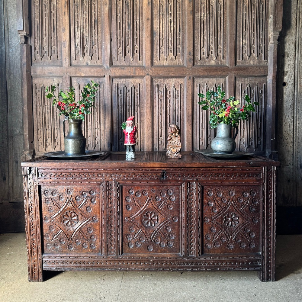A 17th Century Welsh Carved Oak Chest From Monmouthshire Region With Bullseye Design