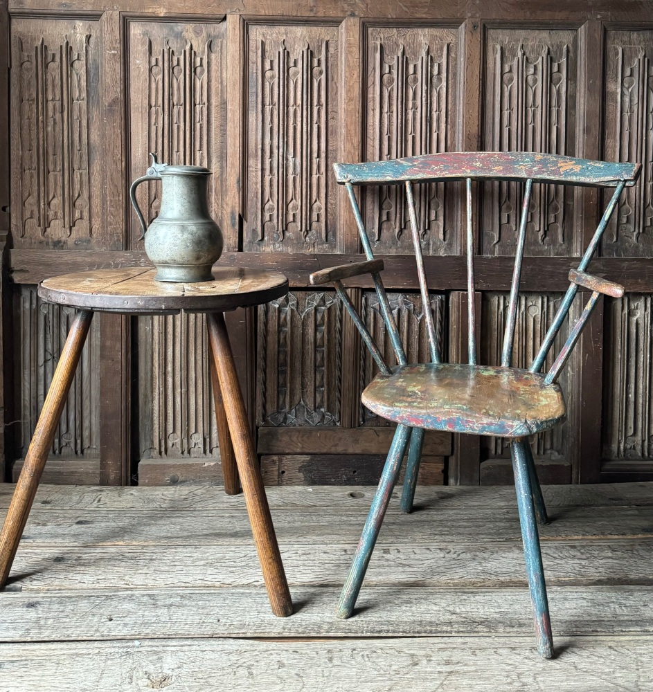 A 19th Century Ash And Elm Primitive Stick Back Chair Of Sculptural Form With Lashings Of Original Paint.