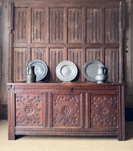 A 17th Century Welsh Carved Oak Chest From Monmouthshire Region With Bullse