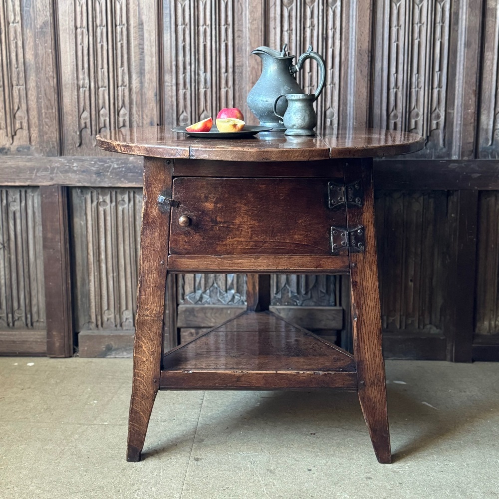 A Rare 18th Century Joined Oak Cricket Table With Cupboard And Under-tier.SOLD