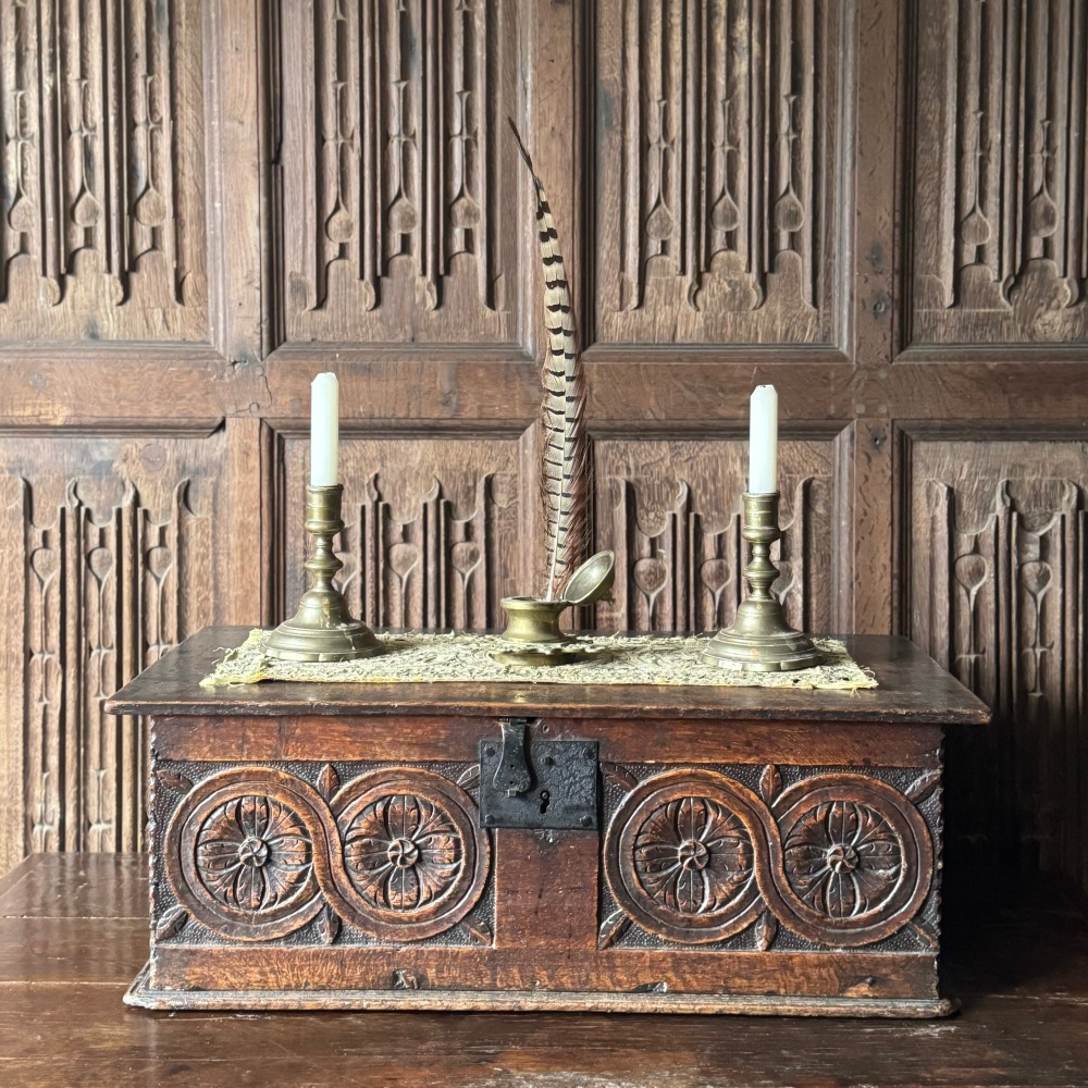 A 17th Century Carved Oak Bible Box Of Mellow Colour.SOLDðŸ”´