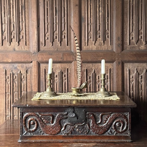A Charles II Carved Oak Bible Box With Magnificent Wyverns Or Amphipteres.