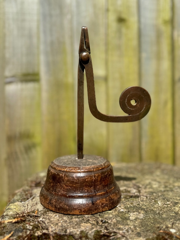 A Rare 19th Century Copper Rushlight On A Turned Fruitwood Base. Mid Wales