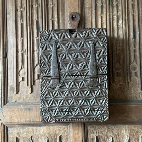 An Interesting 17th Century Chip Carved Oak Candle Box Of Satchel Design.