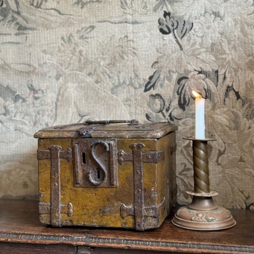 An Early 16th Century Gothic Oak and Ironbound Box With original paint.