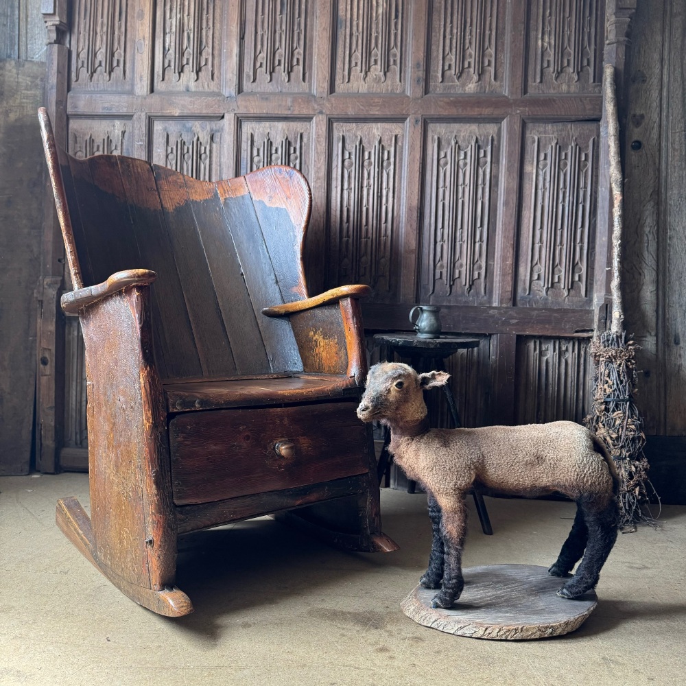 An 18th Century English Pine Shepherds Chair With Original Paint Of Wild Sculptural Form
