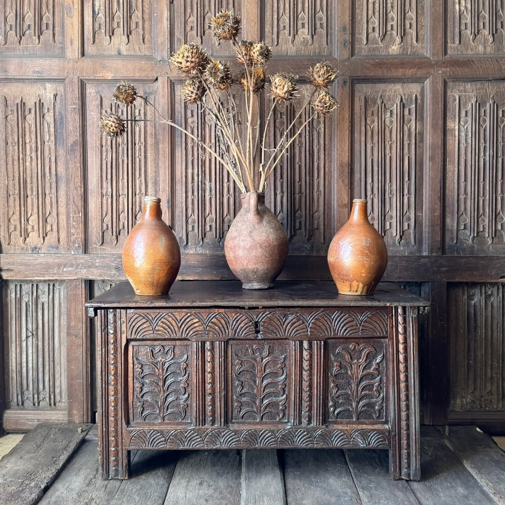 A 17th Century English Carved Oak Coffer Of Small Size.SOLDðŸ”´