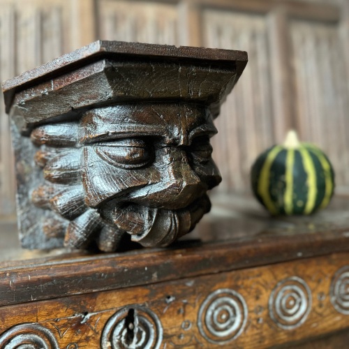 An English Medieval Carved Oak Corbel Depicting A Beast / Lion Head