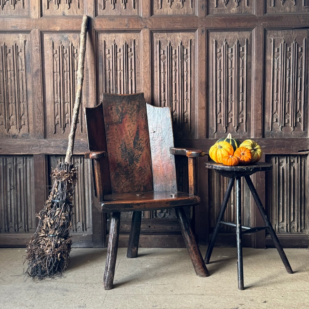 A Rare and Charming George II Welsh Ash and Elm Planked Back Primitive Chair .SOLD