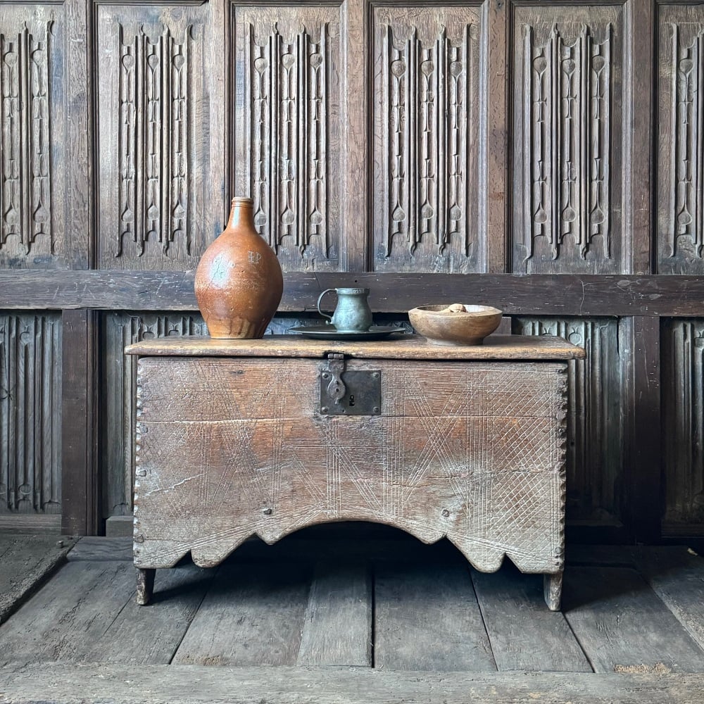 A Henry VIII Oak Chest With Cross Hatch Decoration . SOLD ðŸ”´