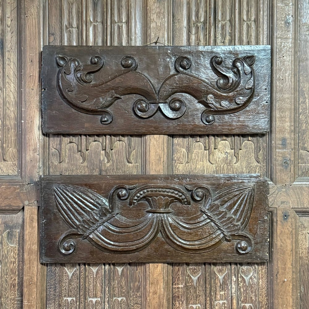 A Fine Pair Of Elizabethan Carved Oak Panels Depicting Wyverns From Littlecote House.