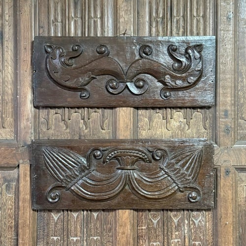 A Fine Pair Of Elizabethan Carved Oak Panels Depicting Wyverns From Littlec