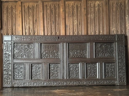 A Charles I Carved Oak Coffer Front With Religious Script Lancashire Dated 