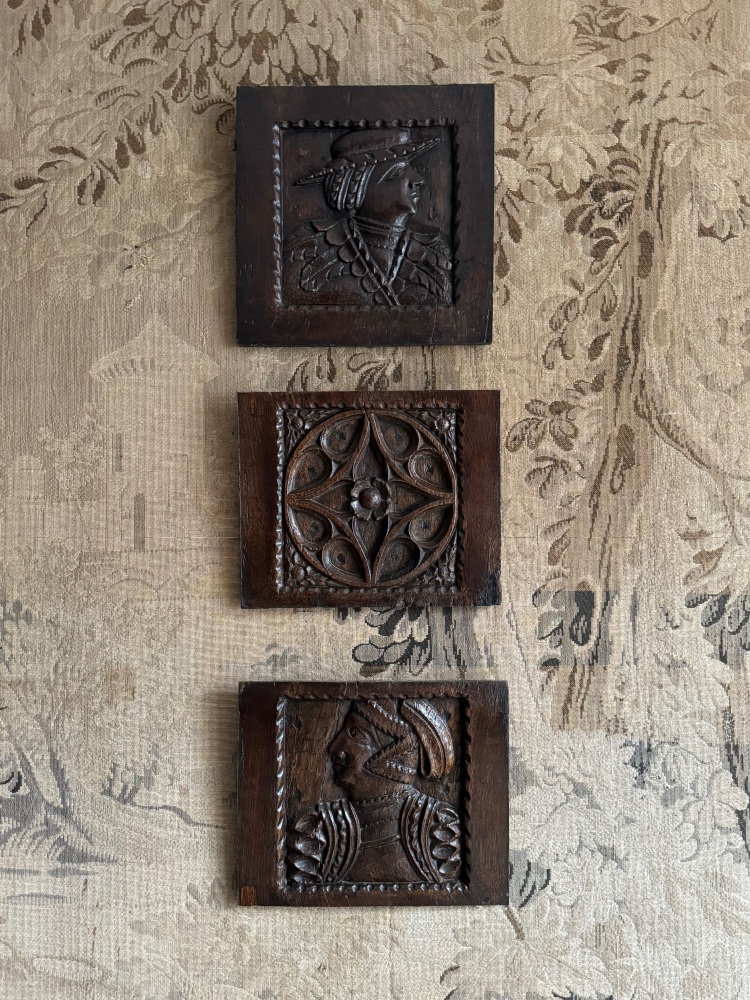 A Set Of Three Henry VIII Period Carved Oak Profile Panels.