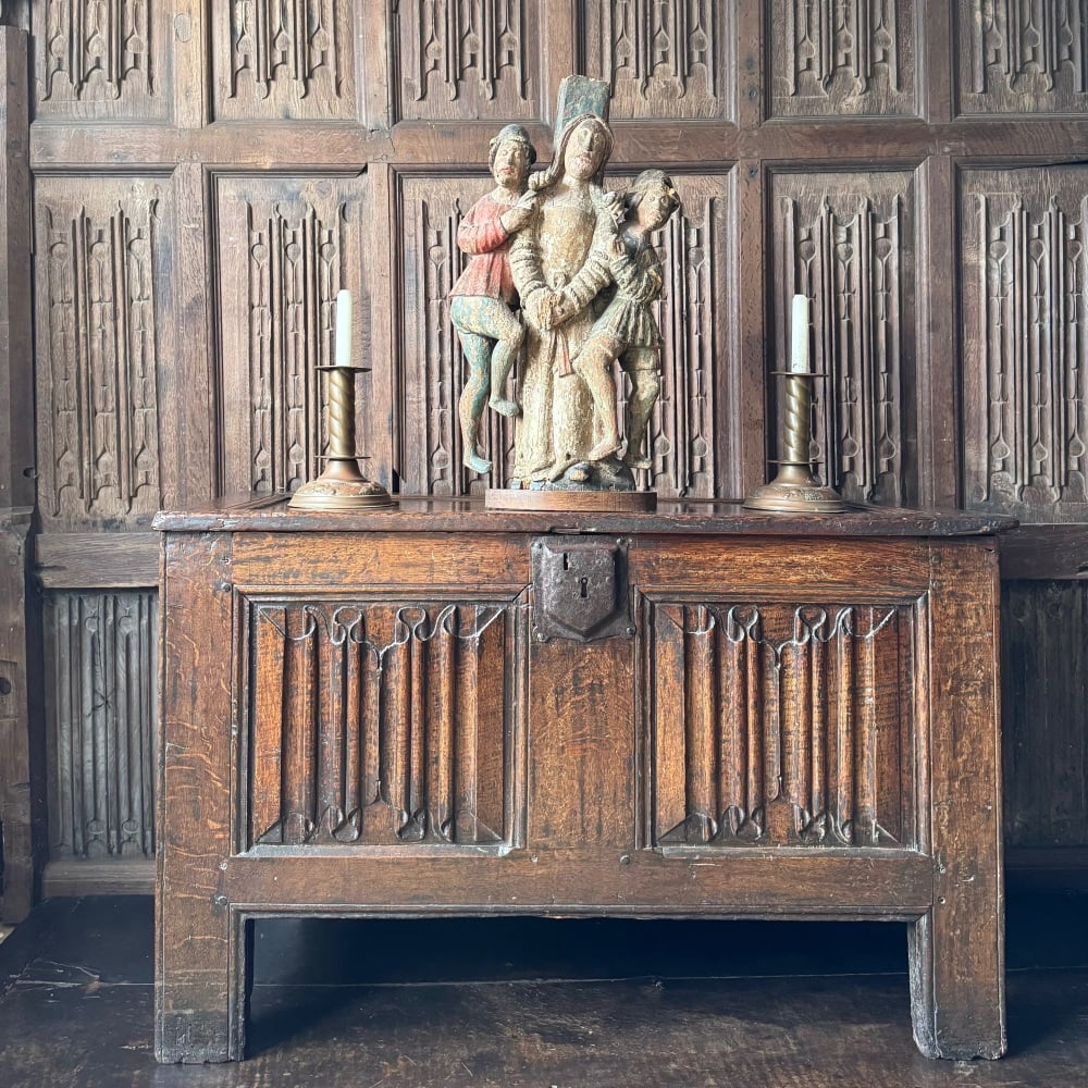 A Henry VIII Period Carved Oak Linenfold Chest.