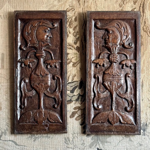 A Chunky Pair Of 16th Century Carved Oak Foliate Profile Panels.