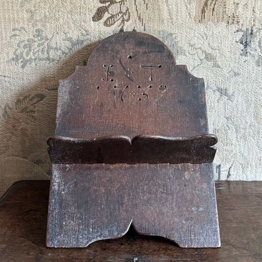 An 18th Century Oak Folding Book Rest Dated I.T. 1739  SOLD.