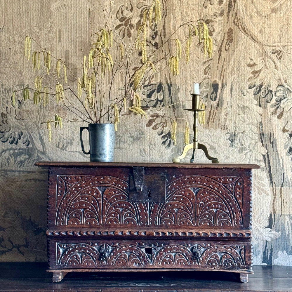 An Unusual Mid-17th Century Boarded Oak Desk Box With Drawer, English, Circa 1640. SOLD