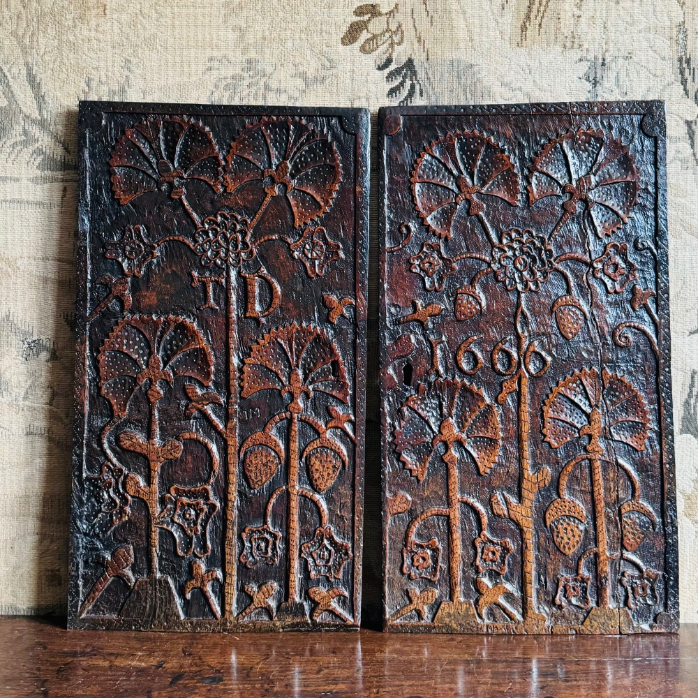 A Rare Pair Of Charles II Carved Oak Panels Dated 1666.SORRY SOLD