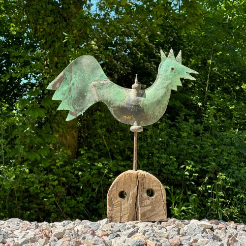 A 19th Century Copper Weather Vane In The Form Of A Cockerel Standing On A 