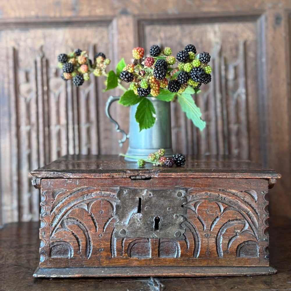 A Wonderful 17th Century Oak and Elm Bible Box Of Small Proportions.