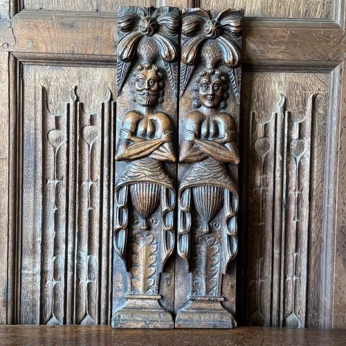 A Great Pair of Jacobean Carved Oak Caryatids .