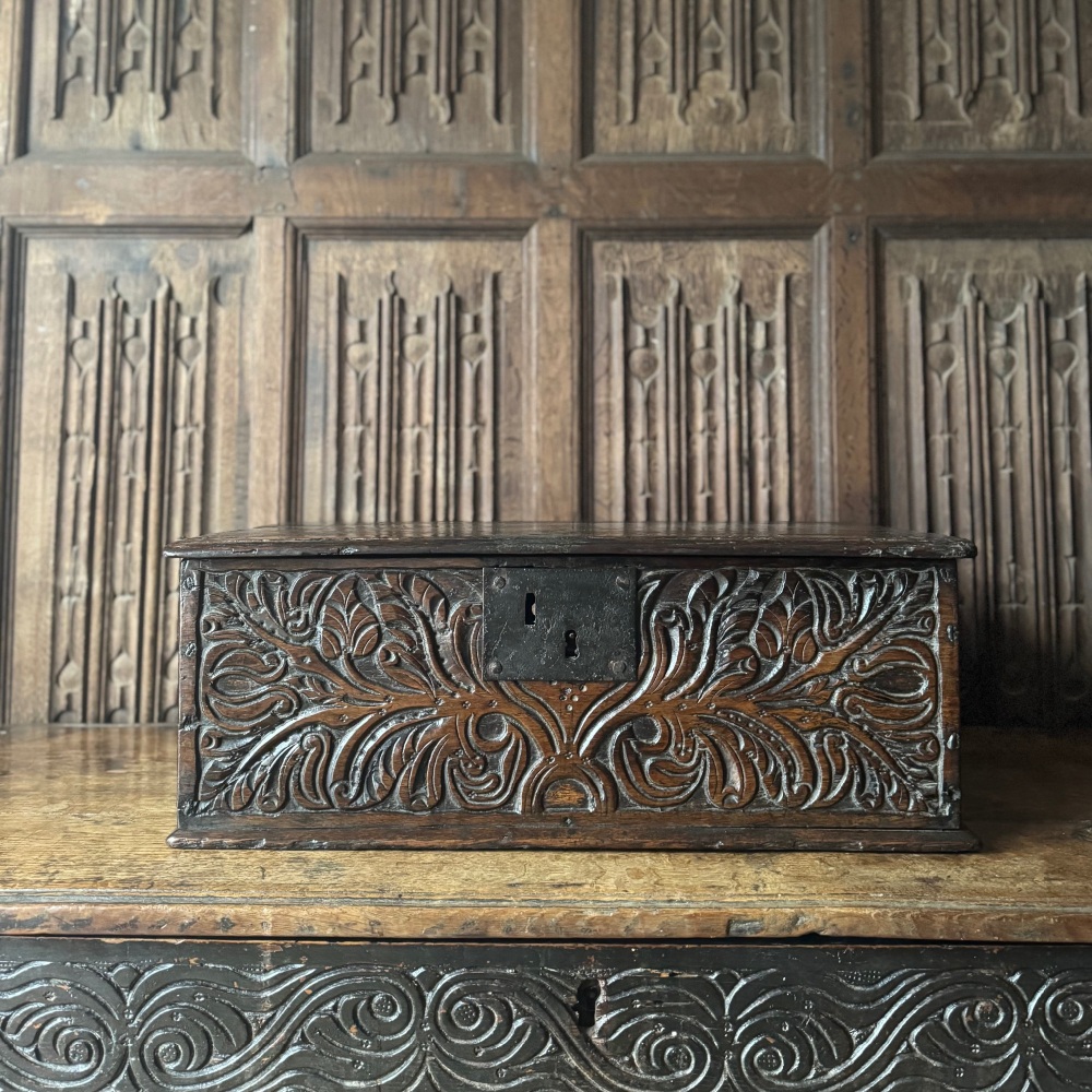 A 17th Century Carved Oak Bible Box From The Workshop Of Thomas Dennis Dated I.P 1690.SOLD