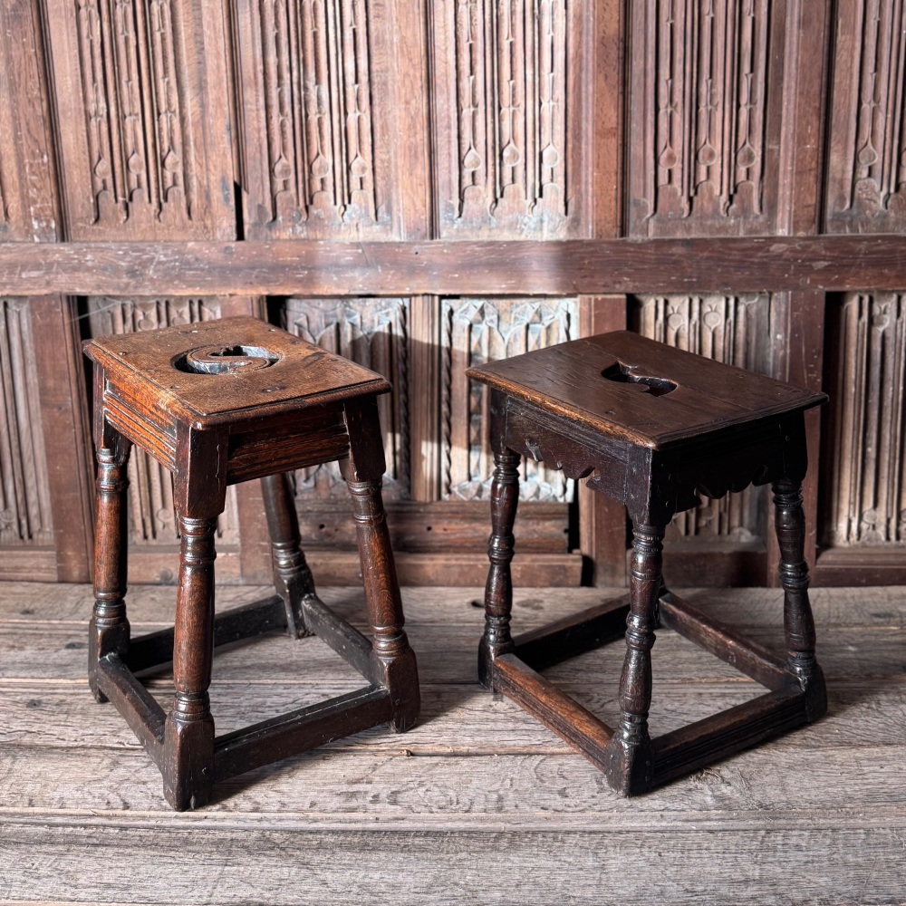 A Late 17th Century Oak Joined Stool With Rare S Cut handle.