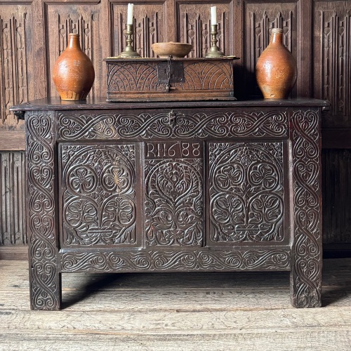 A 17th Century Oak Chest Dated 1688 From The Workshop Where Thomas Dennis A