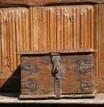 A Rare Tudor 16th century oak iron bound church offeratory box.