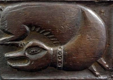 A Rare English Medieval Carved Oak Panel Of A Dog