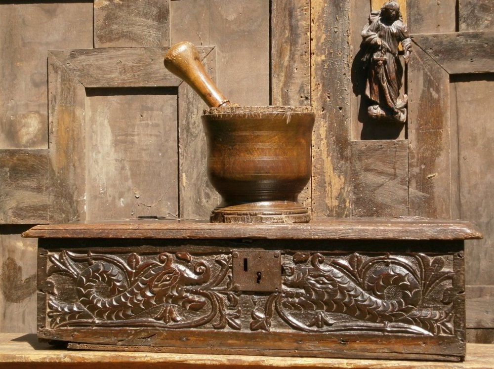 A 16th Century Elizabethan Carved Oak Bible Box With Dolphins