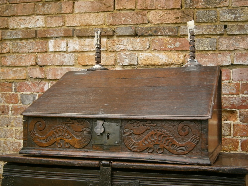 17th Century Carved Oak Desk Box Gloucester Wyverns 