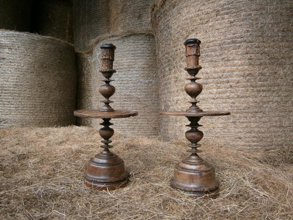 A Fine Pair Of Large 18th Century Turned Walnut Heemskirk Candlesticks