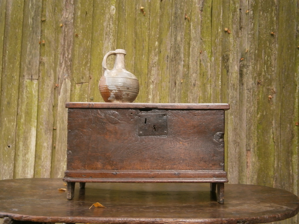 A Wonderful 17th Century Child's Oak Boarded Coffer Only 21" Wide