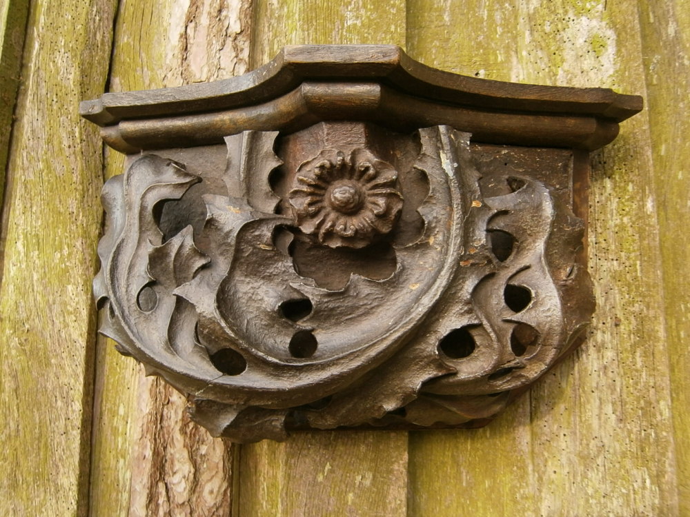 A Rare English Gothic Carved Oak And Polychromed Corbel Depicting The Tudor Rose.
