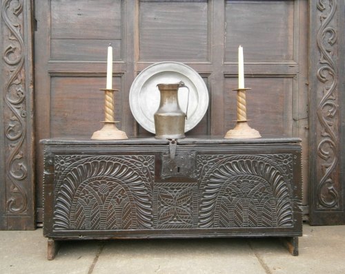 A Rare Henry VIII English Carved Oak Board Chest