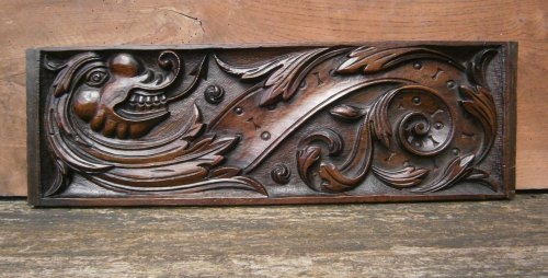17th century carved oak Wyvern panel 