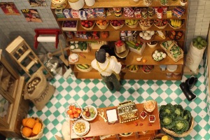 A birds eye view of a 12th scale greengrocer room box