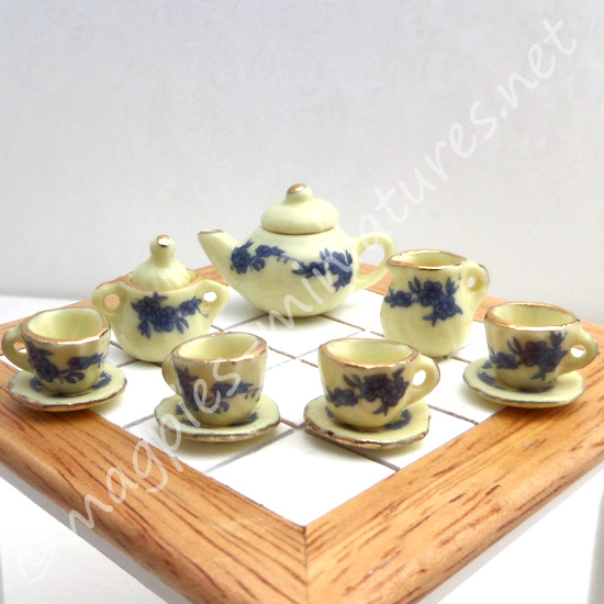 Tea Set - Lemon yellow with Blue flowers - FILLED or EMPTY
