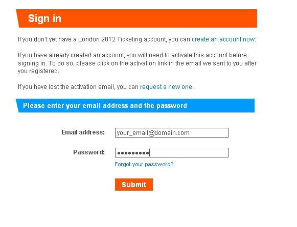 London olympics website log in
