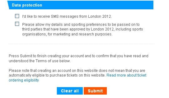 London olympics registration form data protection information